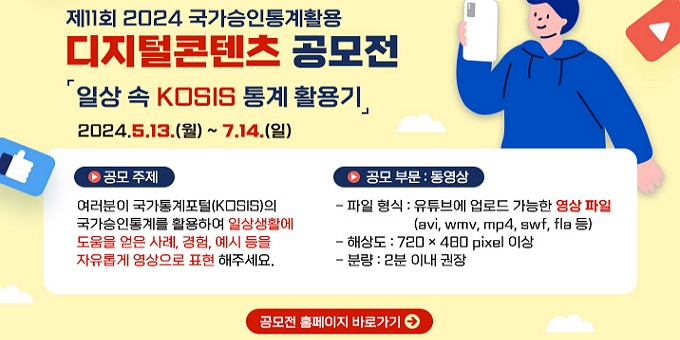 제11회 2024 국가승인통계활용 디지털콘텐츠 공모전 일상속 kosis통계 활용기 2024. 5. 13.(월) ~ 7. 14.(일) 공모주제 여러분이 국가통계포털(kosis)의 국가승인통계를 활용하여 일상생활에 도움을 얻은 사례, 경험, 예시 등을 자유롭게 영상으로 표현해 주세요. 공모 부문 : 동영상 파일 형식 : 유튜브에 업로드 가능한 영상 파일(avi, wmv, mp4, swf, fla 등) 해상도 : 720x480pixel 이상 분량 2분 이내 권장